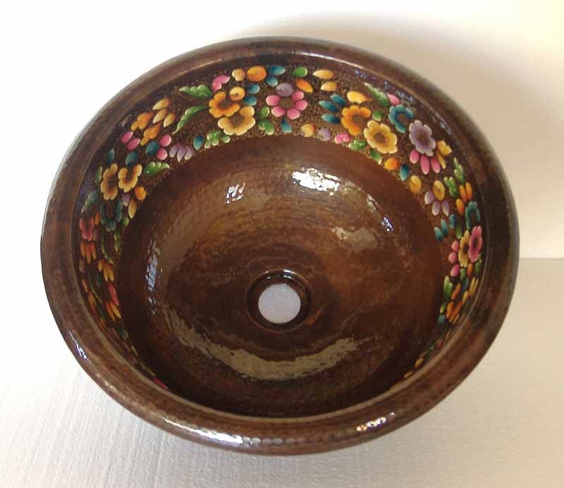 Small Copper Bathroom Sink | Mexican Hand Painted Copper Sink - Fiesta
