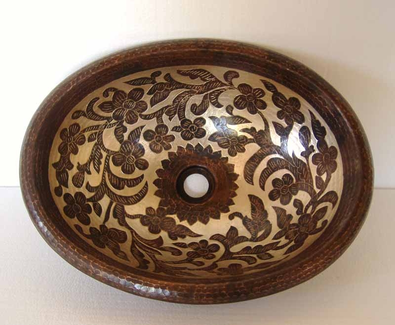 Hand Painted Oval Copper Vanity Sink | Hand Painted Oval Bathroom Sink - Florentina